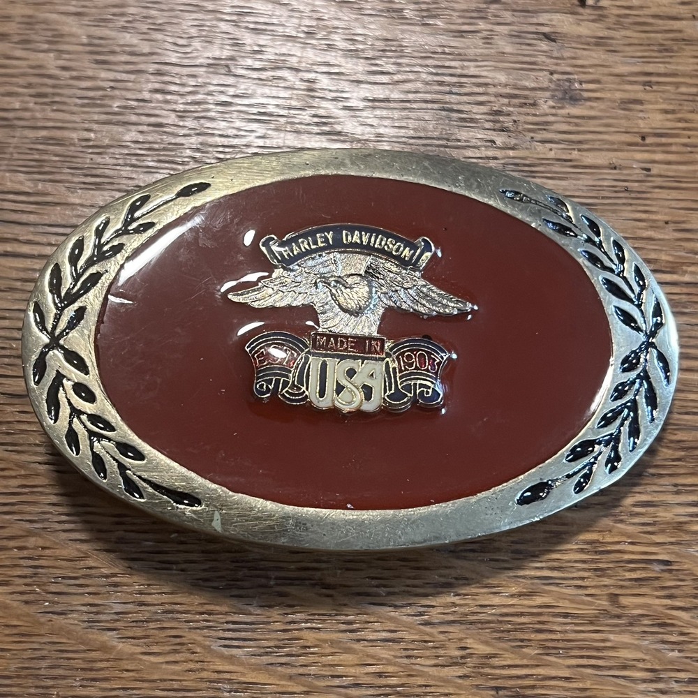 Harley Davidson USA Est 1903 Oval Red Gold Tone Belt Buckle Metal Motorcycle